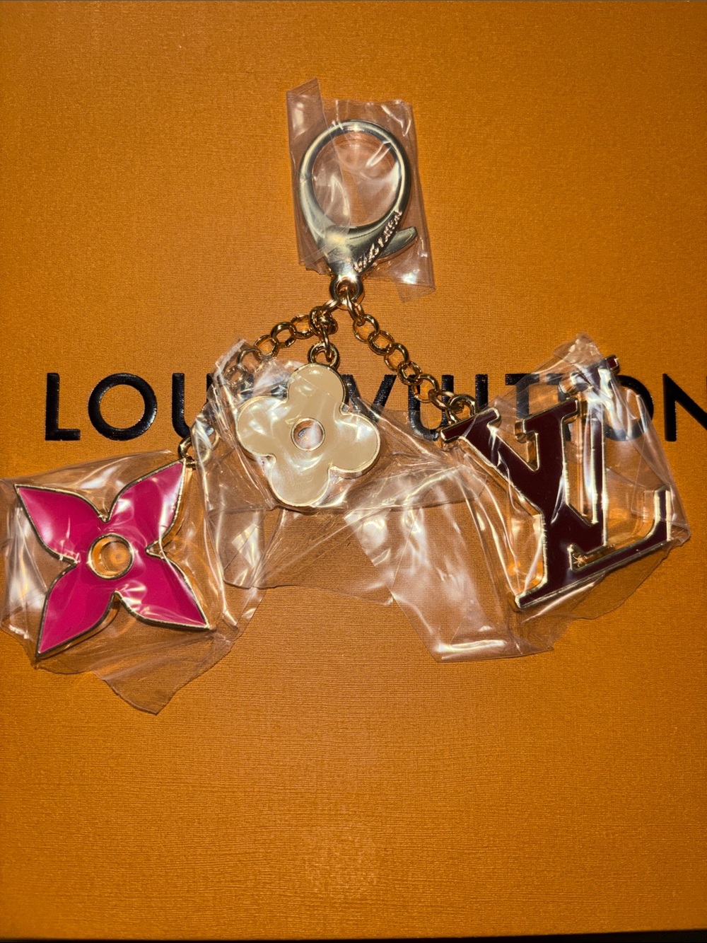 Large LV Pink, Cream & Burgundy Gold Monogram Flower Keyring/Charm